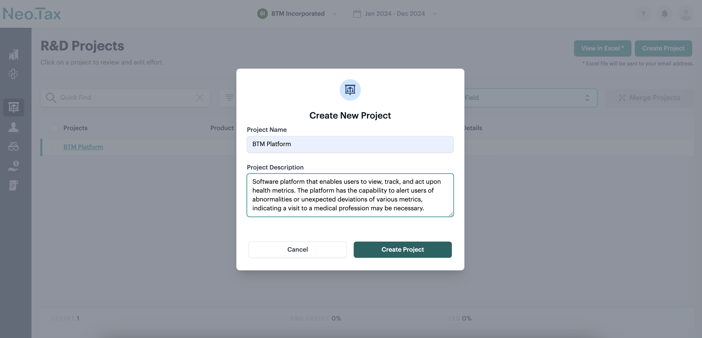 Screenshot from Create projects without project management data
