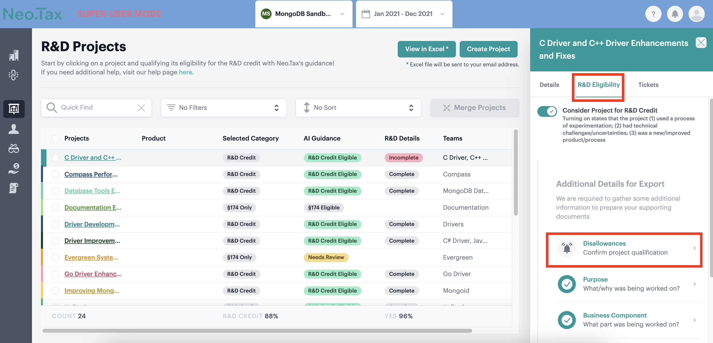 Screenshot from Review R&D disallowances