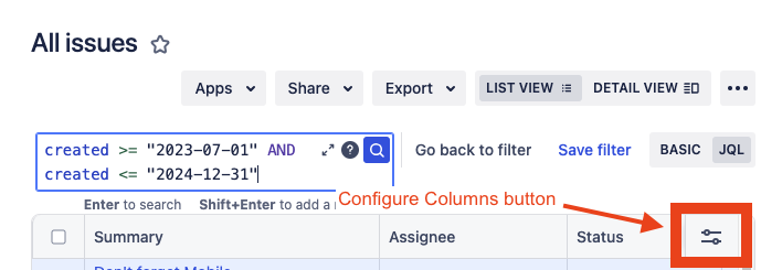 Screenshot from Export tickets from Jira