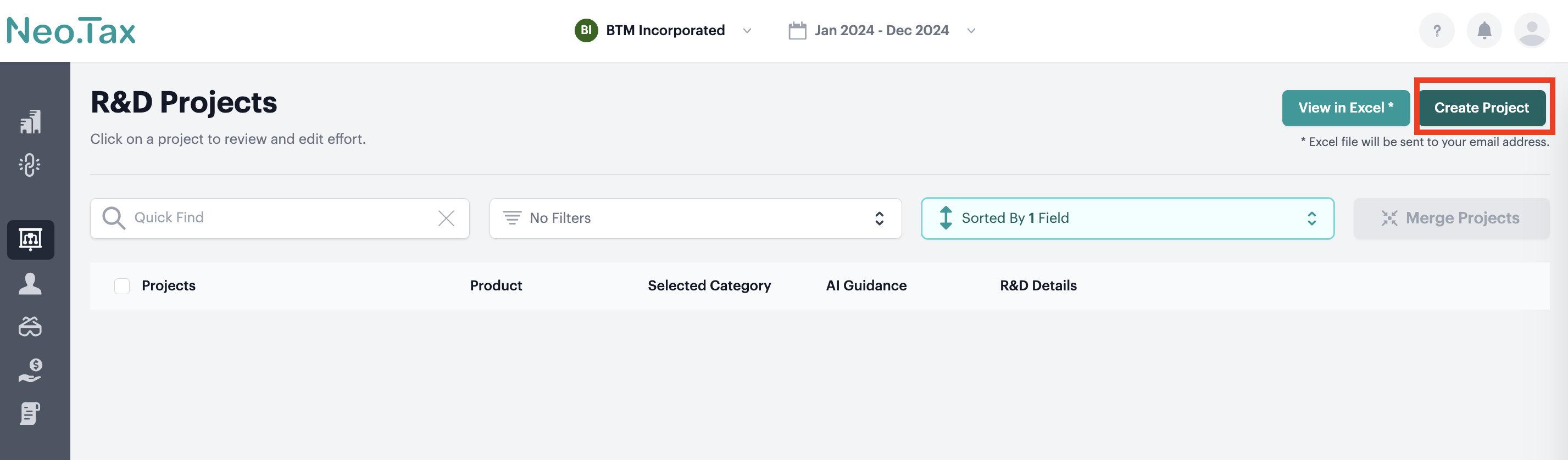 Screenshot from Create projects without project management data