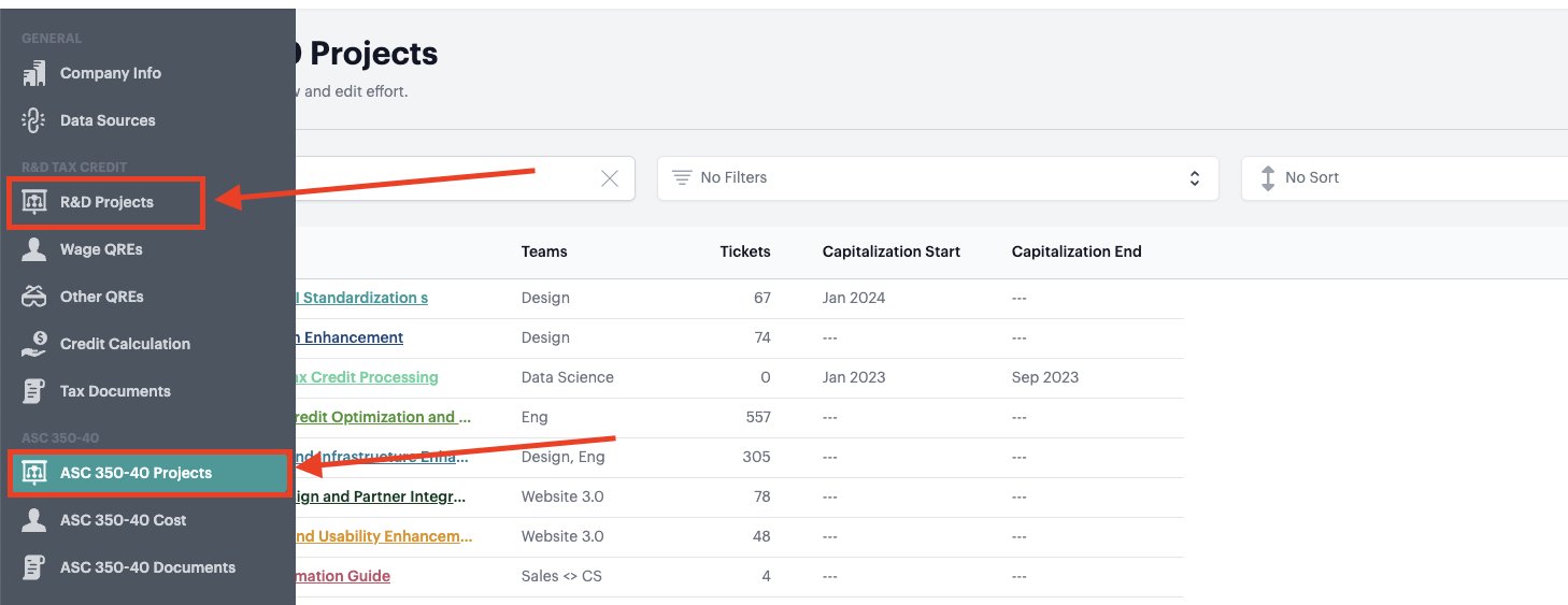 Screenshot from ASC and R&D projects are now separate