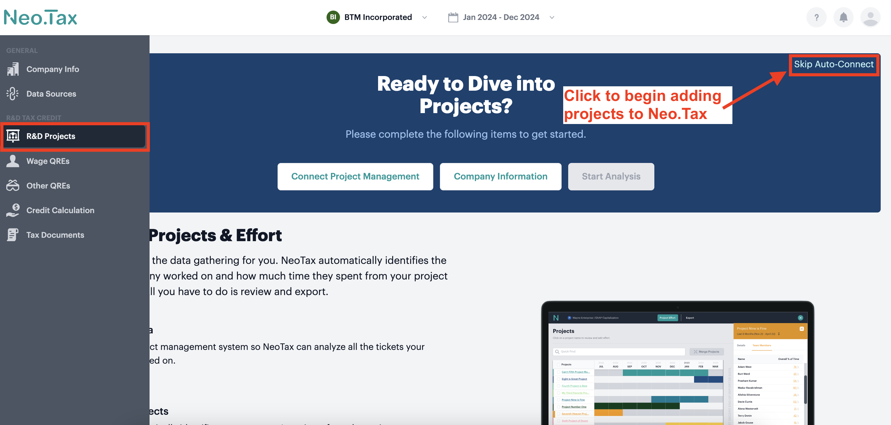 Screenshot from Create projects without project management data