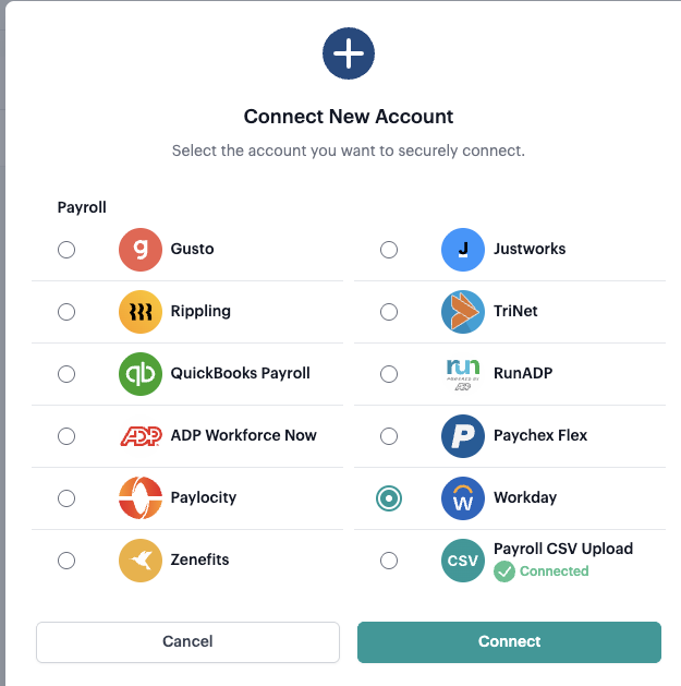Screenshot from Connect Workday for HR data