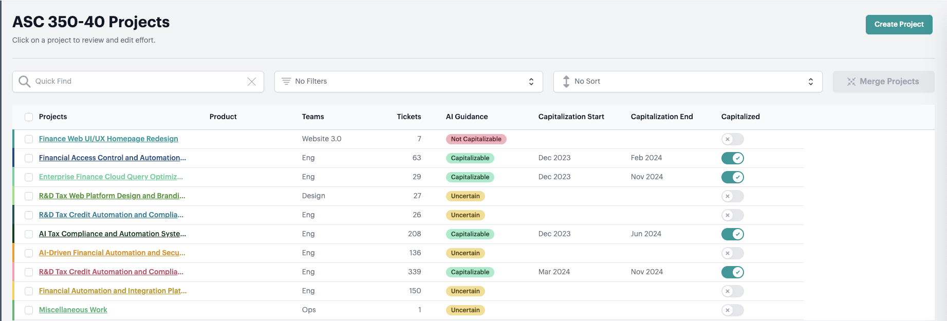 Screenshot from Automated capitalization and milestones