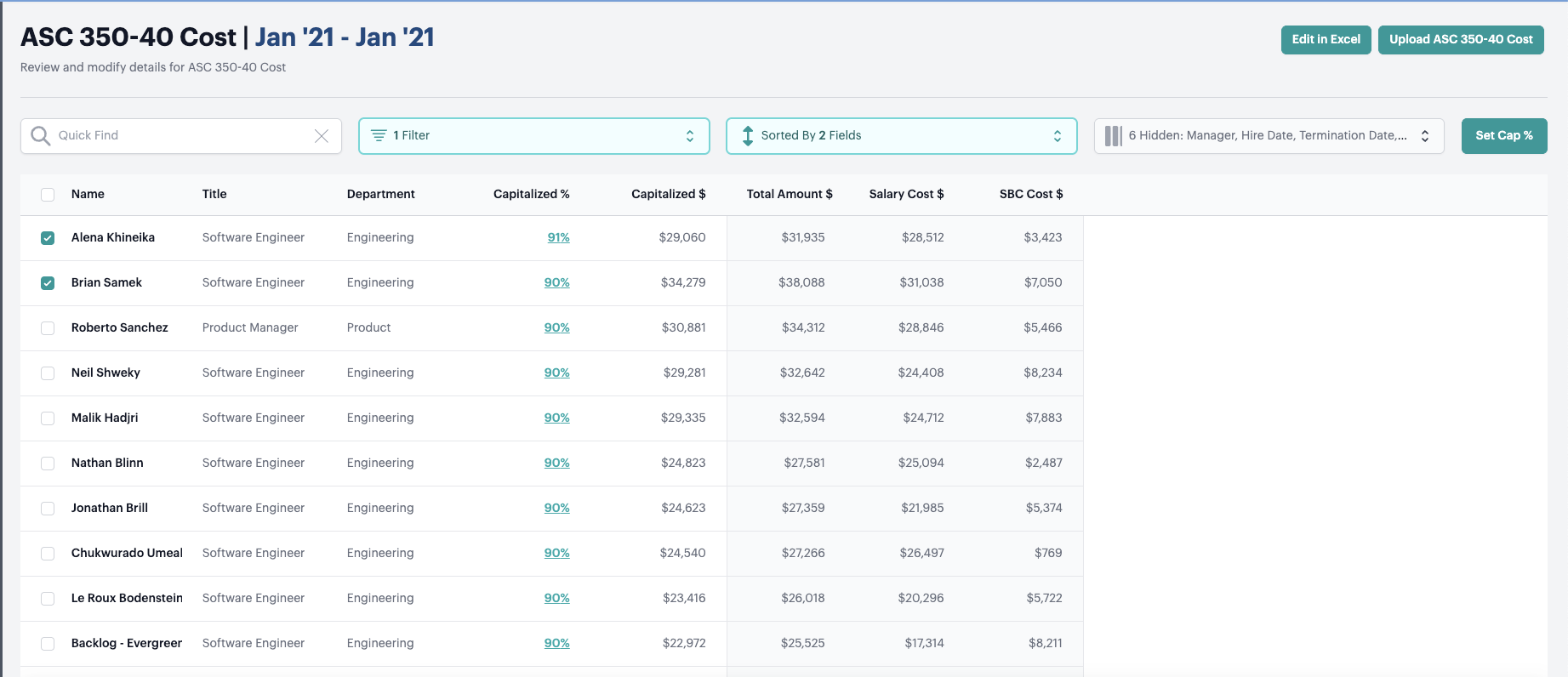 Screenshot from Set capitalized percentages for senior employees